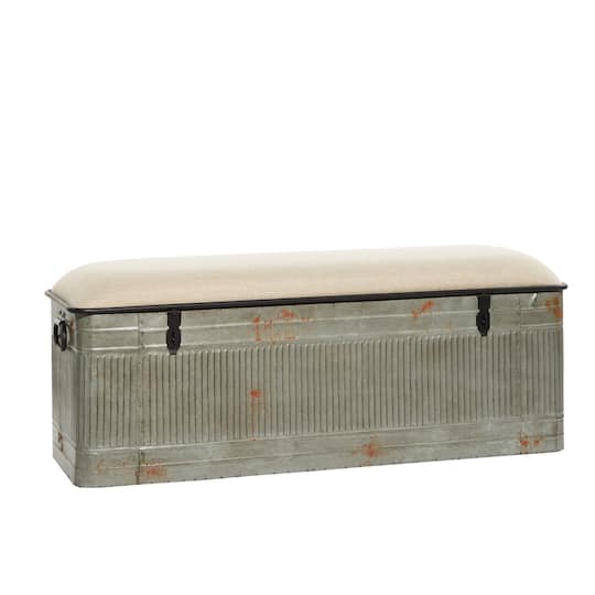 Grey Iron & Fabric Farmhouse Bench